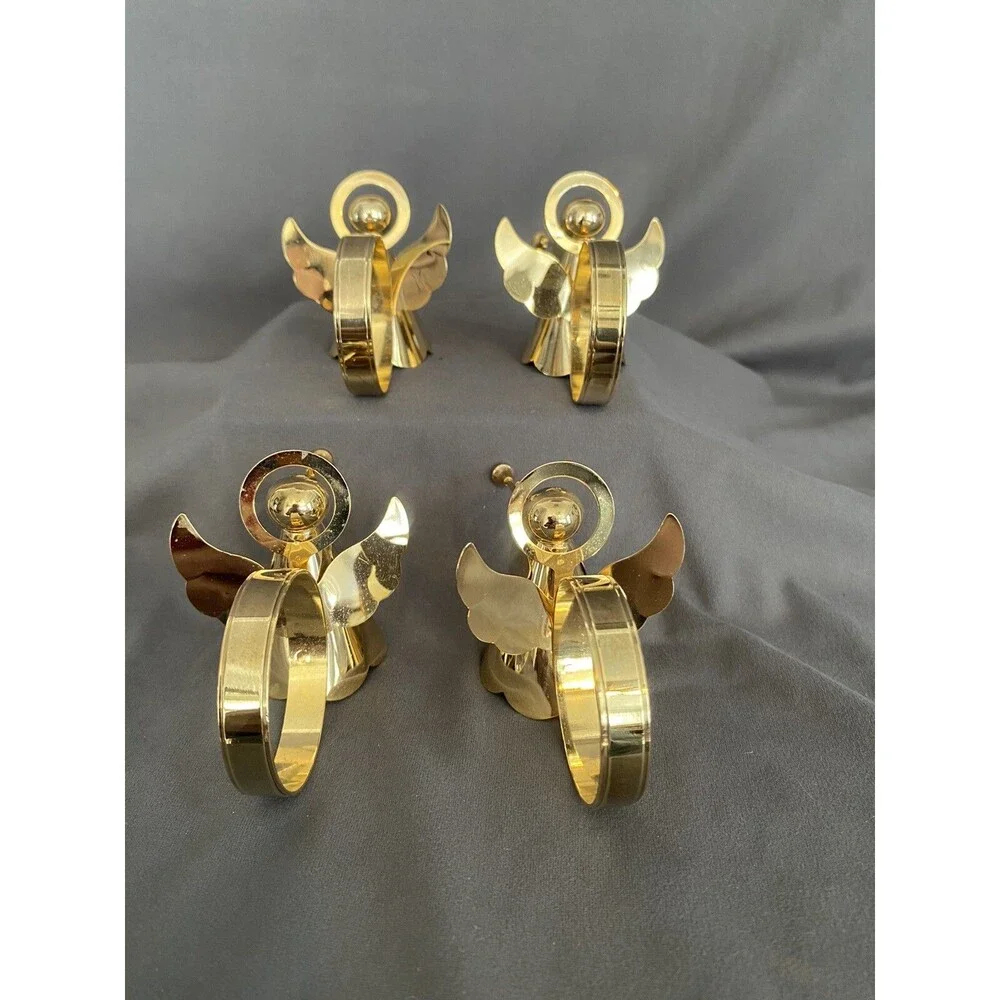 CHRISTMAS ANGEL TRUMPET BRASS GOLD TONE NAPKIN RINGS HOLDERS PLAYING TRUMPET SET
